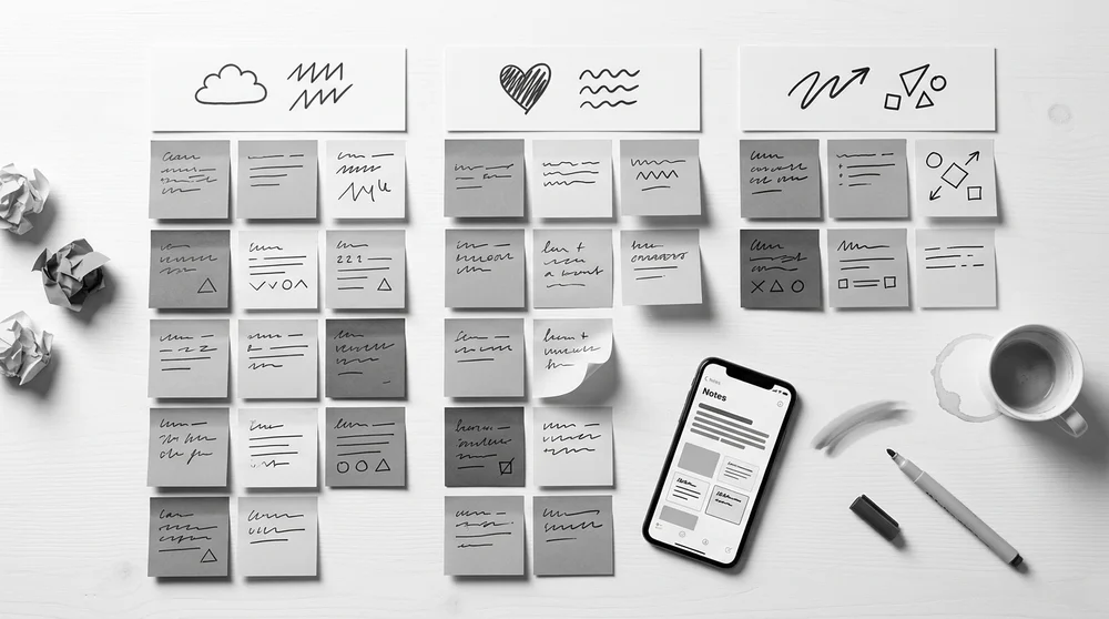 Bird’s-eye studio-bright monochrome-contrast layout of printed cards or sticky notes arranged into a grid labeled “Sense / Em