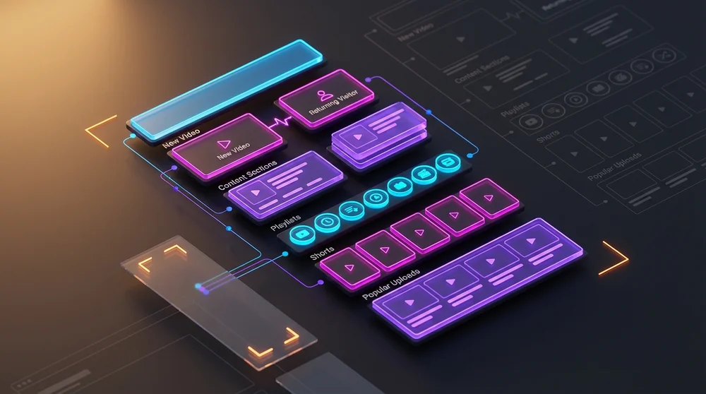 YouTube channel homepage mock with highlighted areas banner promise featured video for new vs returning section order playlis