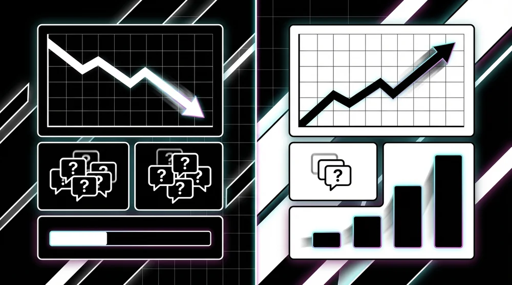Clean metric snapshot graphic showing before/after repeat questions down guide clicks up member retention up presented like a