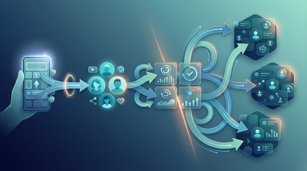 A wide simple visual flow of TikTok distribution stages Upload → Small test group → Signal check (watch time completion rewat