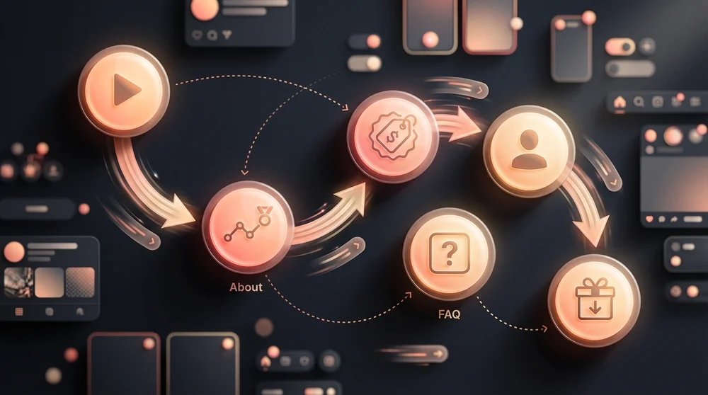 A clean Highlight structure diagram showing 4–6 Highlight bubbles labeled (Start Results Offer About FAQ Freebies) with arrow