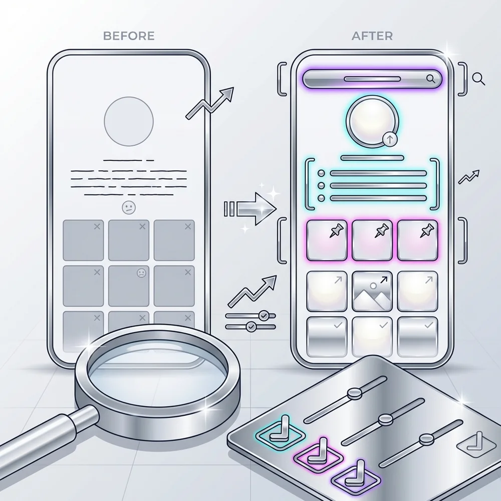 Before/after profile optimization mockup (Instagram and TikTok) highlighting bio formula pinned content and name-field SEO el