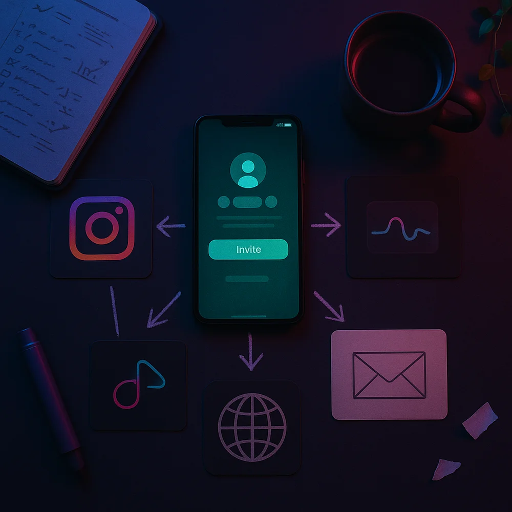 A blue-hour workspace scene with a phone showing a WhatsApp Channel invite surrounded by social platform cards and simple arr