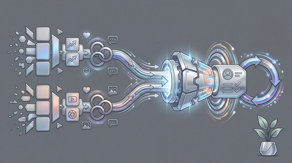 Wide funnel diagram illustrating hybrid growth organic content system + collaboration + light engagement support leading to h