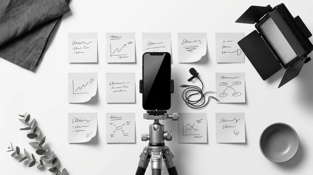Bird’s-eye studio-bright monochrome-contrast flat-lay of a content creator workspace phone on tripod small mic storyboard sti