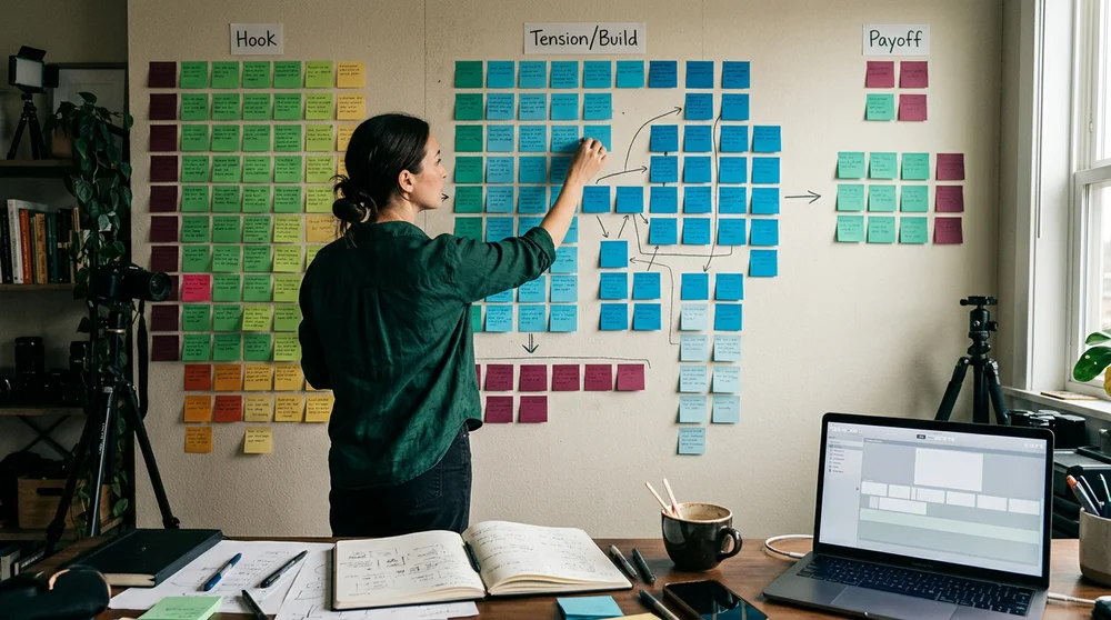 Wide panoramic editorial-style photo of a creator’s workspace with a storyboard / sticky notes arranged as a narrative arc (h