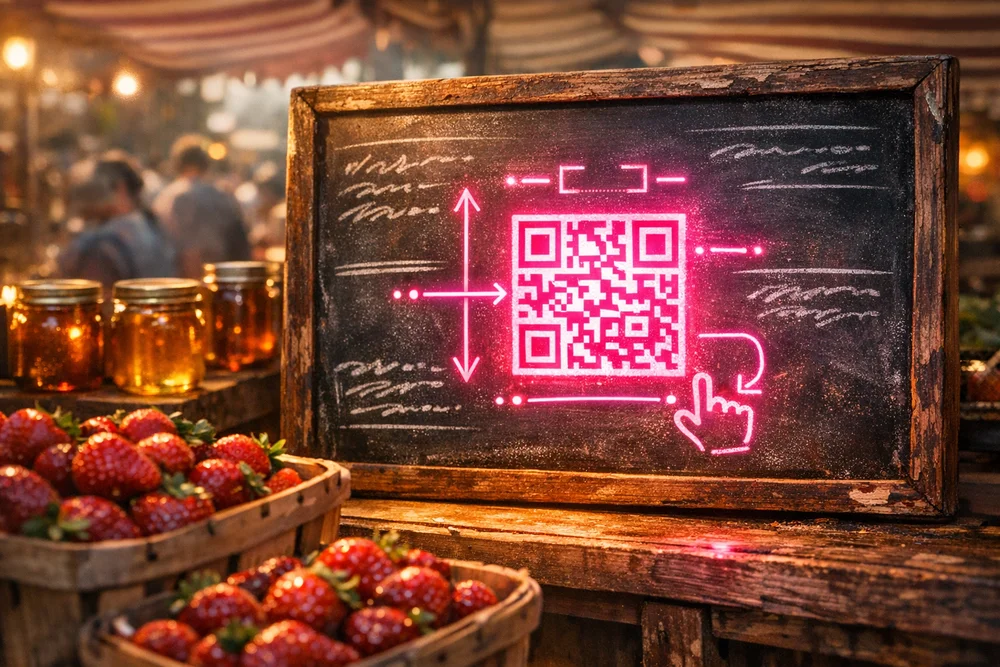 A photo-style illustration of a real-world counter or event booth with a QR sign placed correctly (eye level clear CTA text).