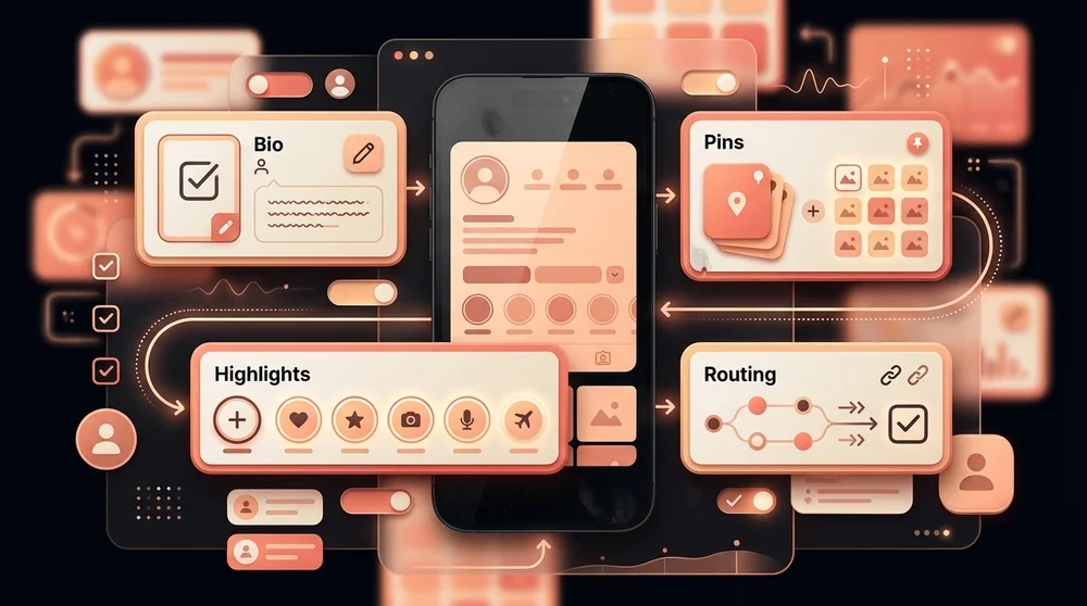 A simple visual 30-minute Instagram profile setup timeline/checklist (Bio → Pins → Highlights → Routing) shown as a compact w