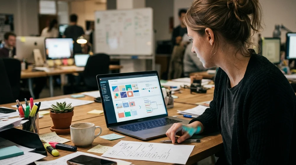 A marketer reviewing a summer sports content calendar on a laptop with match dates tennis brackets and social post ideas visi