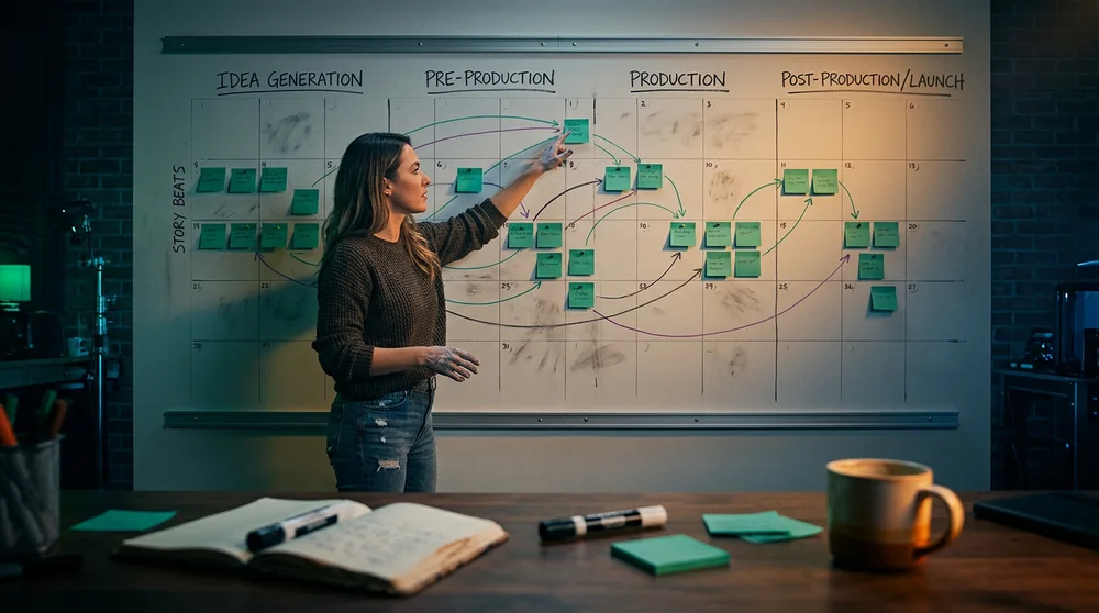 Wide panoramic editorial-style scene of a creator planning a content series on a wall calendar with arcs/chapters labeled (Or