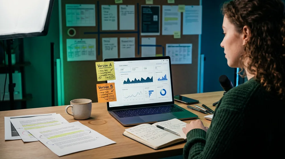 Panoramic editorial-style shot of an analytics dashboard on a laptop with notes comparing two hooks (Version A vs B) and perf