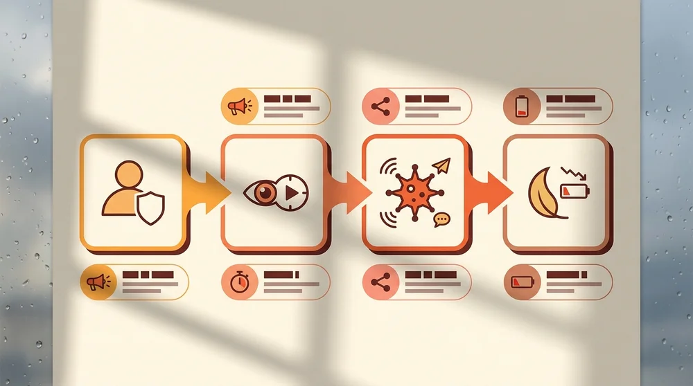 A clean infographic diagram mapping SEIR (Susceptible → Exposed → Infected → Recovered) to social metrics (reach watch time s
