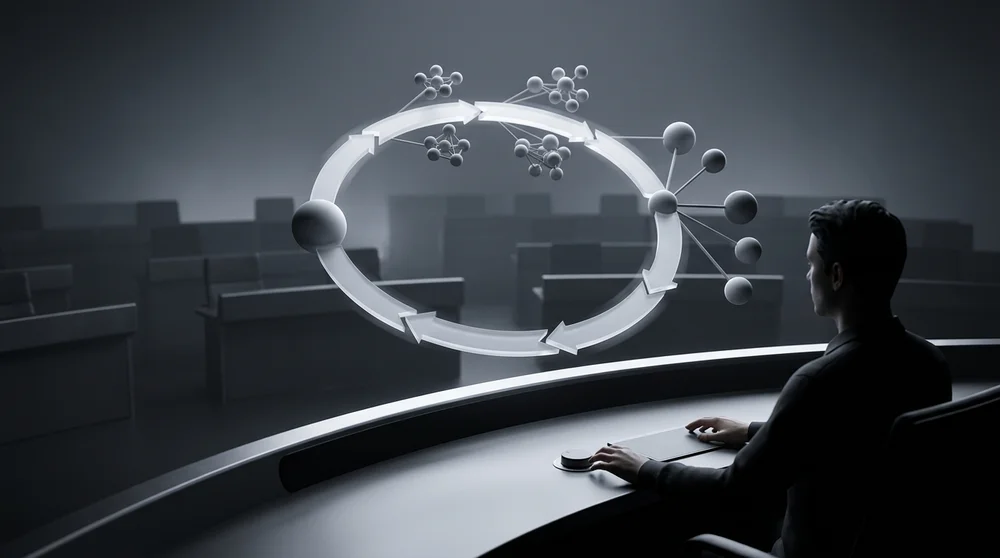 Wide panoramic monochrome-contrast creator growth flywheel/dashboard scene (charts + arrows showing compounding loops content