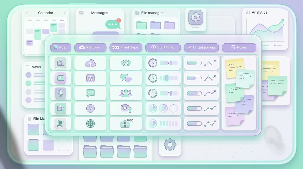 A 169 screenshot-style mockup of a checklist/dashboard columns for Post Platform Proof Type (views/comments/followers/UGC) St