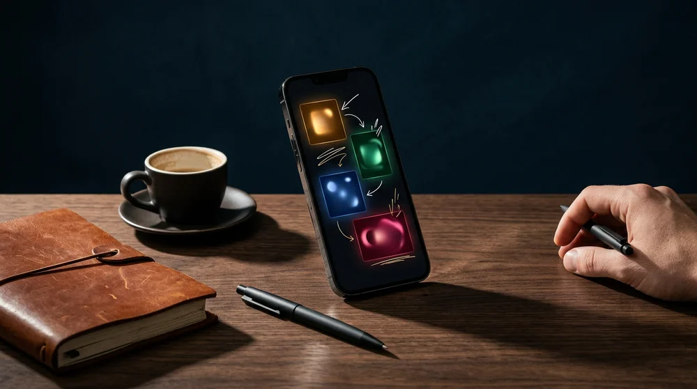 Panoramic editorial photo of a phone screen mockup with an annotated caption showing AIDA labels (Attention/Interest/Desire/A