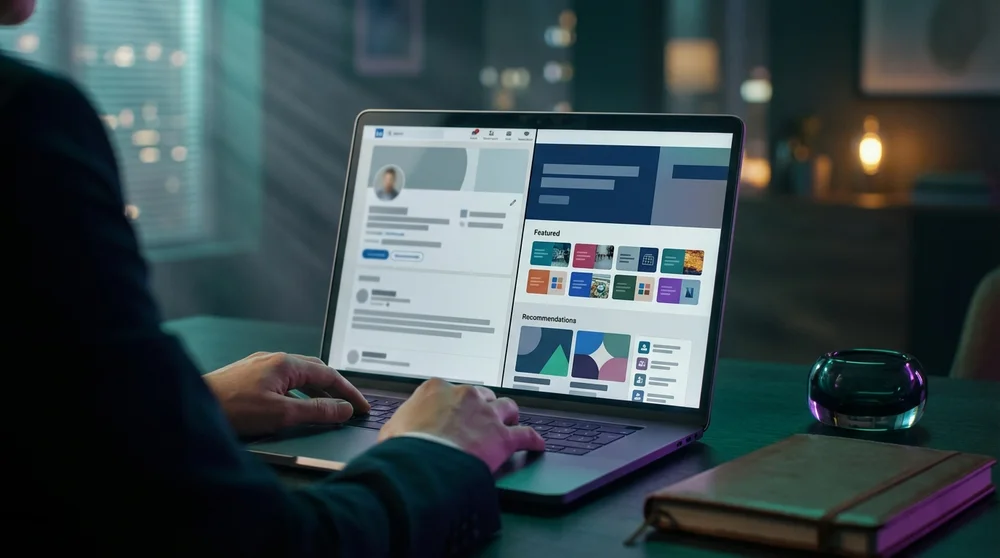 An anonymized before/after LinkedIn profile mockup (blurred name/photo) highlighting changes in Headline Featured items and R