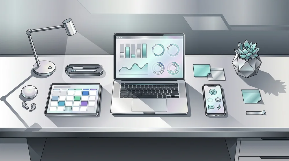 Creator tools and analytics dashboard scene a wide desk setup showing simplified analytics charts and a content calendar (no 
