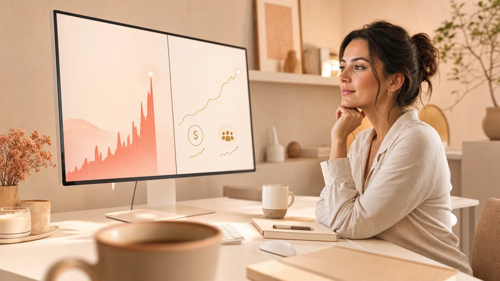 A clean comparison dashboard showing two columns viral traffic with large spike metrics and monetizable engagement with stead