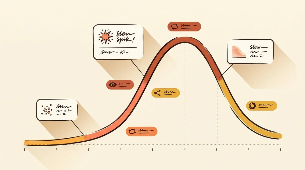 A chart-like visual showing a classic contagion curve (slow start → rapid growth → peak → decline) overlaid with social metri