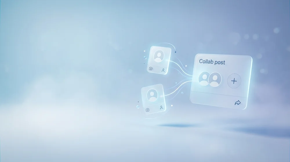 Minimal collaboration concept image two creator profile cards merging into one Collab post clean pastel/sky-azure tones with 