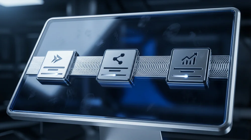 Minimalist 3D ‘recovery plan’ roadmap on a dashboard screen with three phases (stabilize rebuild scale) futuristic-chrome pal