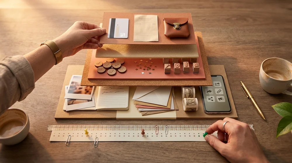A ‘Momentum Stack’ diagram showing layers Content (base) → Distribution → Social Proof (tiers) → Conversion plus a 30-day tim
