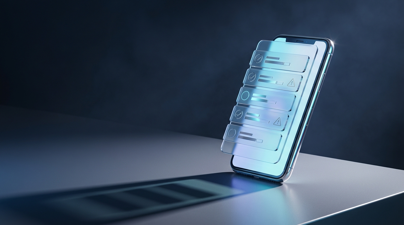 Minimalist 3D scene of a smartphone with a simple ‘policy checklist’ UI overlay and subtle warning/approval icons—no platform