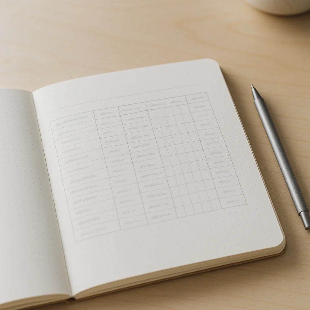 A simple dashboard-style graphic showing an experiment log table Date Post Type Hashtag Set (A/B) Impressions from Hashtags F